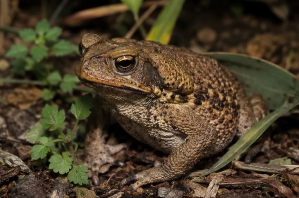 A cane (bufo) toad sitting on damp ground among leaves at night