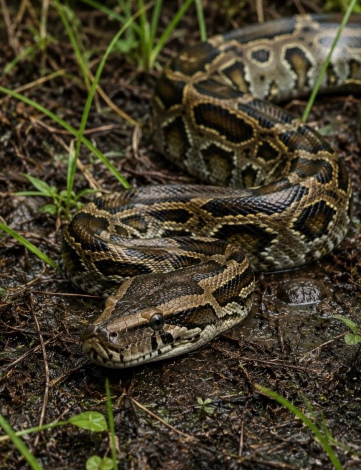 A large patterned snake coiled on muddy ground among grass
