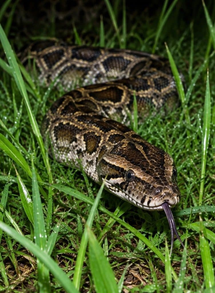 An invasive Burmese python moving through wet grass at night